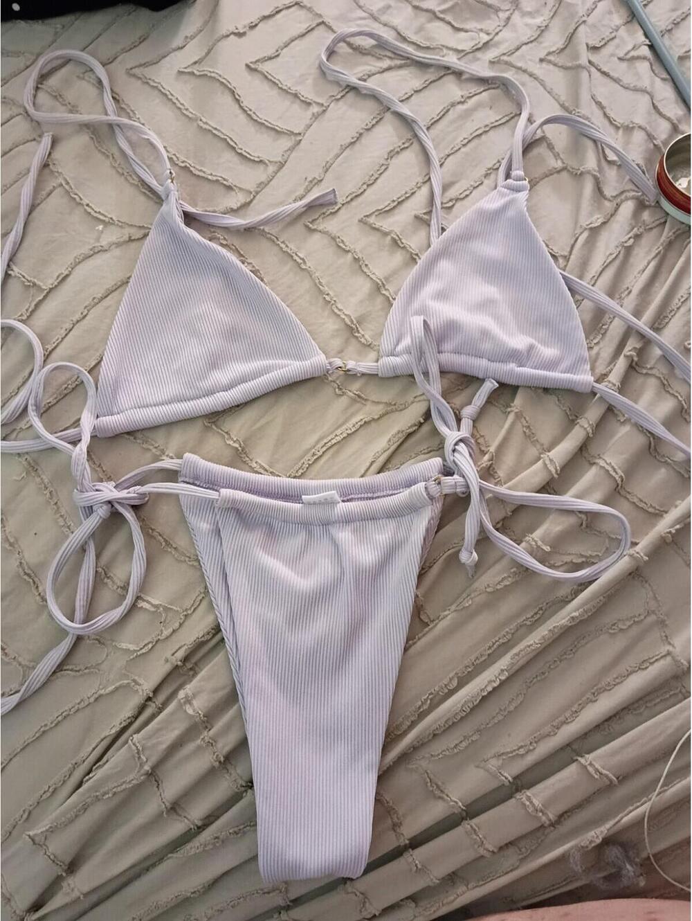 Light Purple Ribbed Triangle Bikini Set Adjustable Straps Size S